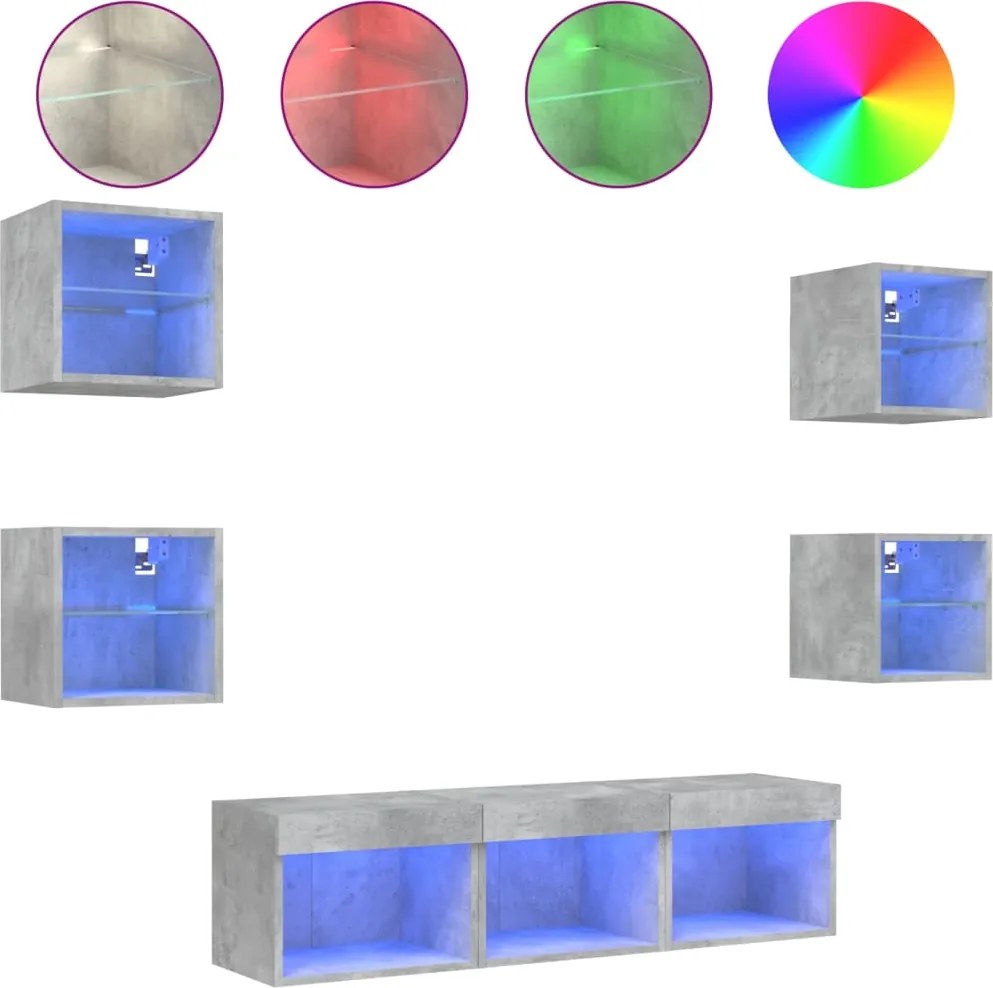 vidaXL Unități TV de perete cu LED-uri 7 piese gri beton lemn compozit