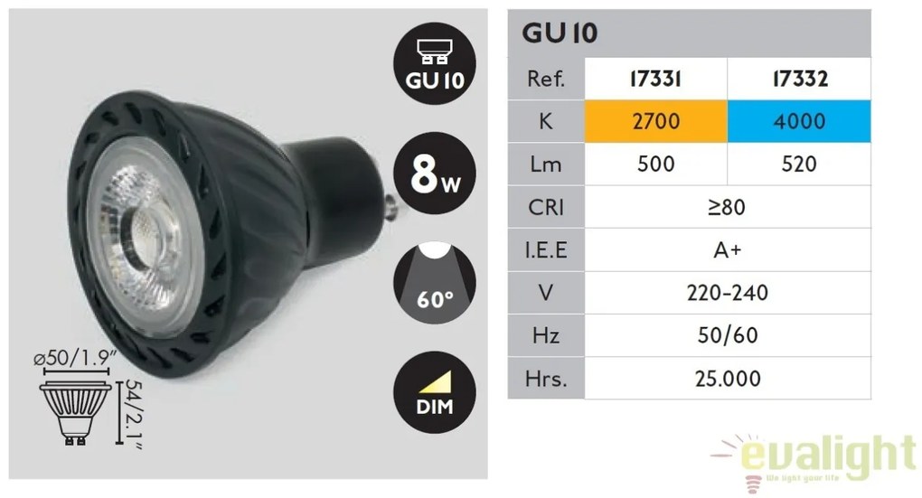 BEC LED GU10 8W 2700K dimabil lumina calda 17331
