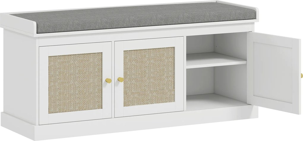 HOMCOM Banc pentru încălțăminte intrare 9 perechi, banc de depozitare, 3 uși din ratan, pernă și raft reglabil, 105x35x47cm, alb | Aosom Romania
