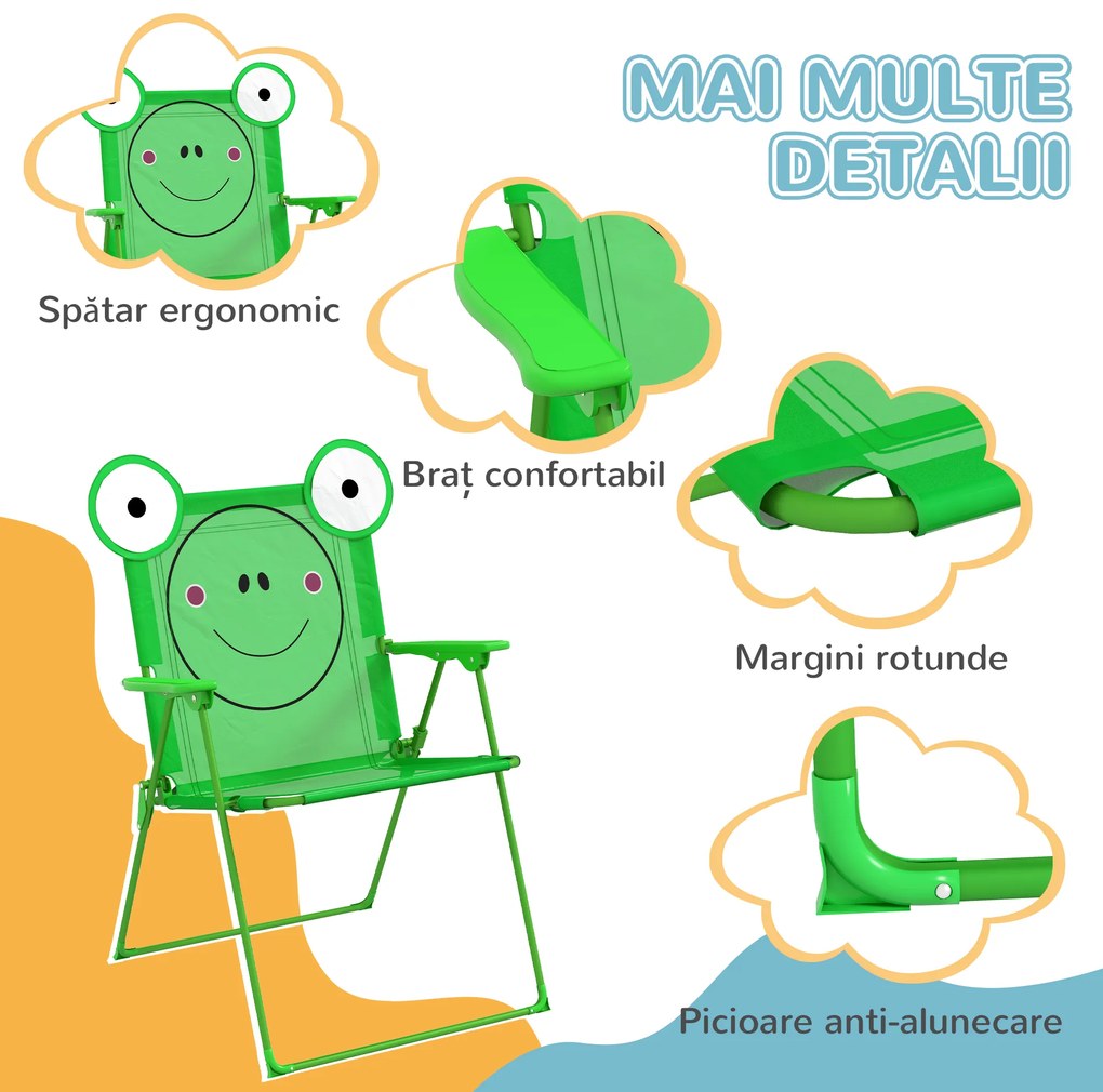 Outsunny Set Masa de Gradina cu 2 Scaune Pliabile si Umbrela pentru Copii din Metal si Poliester, Verde | Aosom Romania