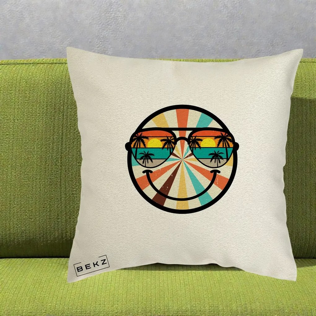 Perna Decorativa Smiley Face Retro Sunset Palmieri, 40x40 cm, Ecru, Husa Detasabila, Perna Inclusa, BEKZ®