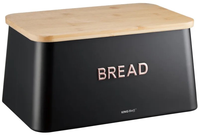 Cutie de paine cu capac pentru taiere Kinghoff KH-1948, 35 cm, Bambus, Otel, Negru