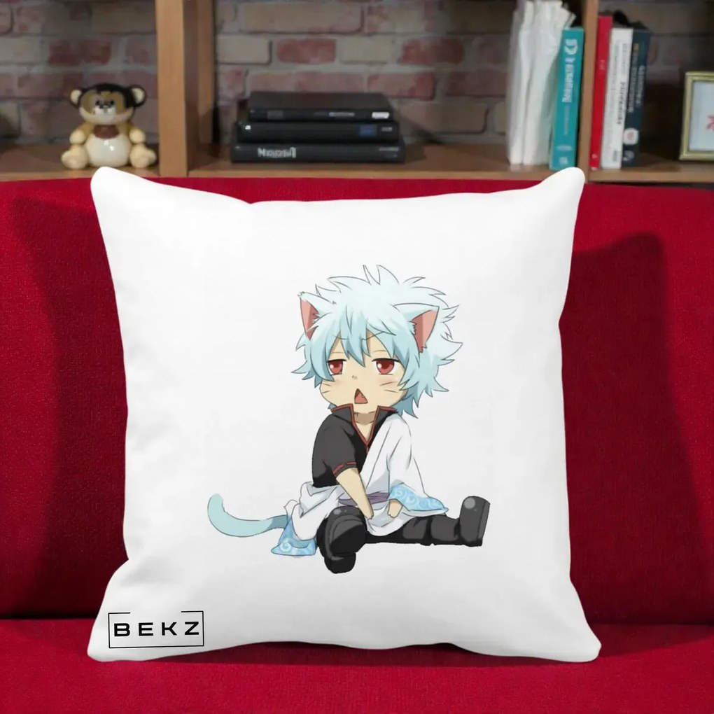 Perna Personalizata Gintama Gintoki Chibi Pisica, 40x40 cm, Alba Mata, Husa Detasabila, Perna Inclusa, BEKZ®