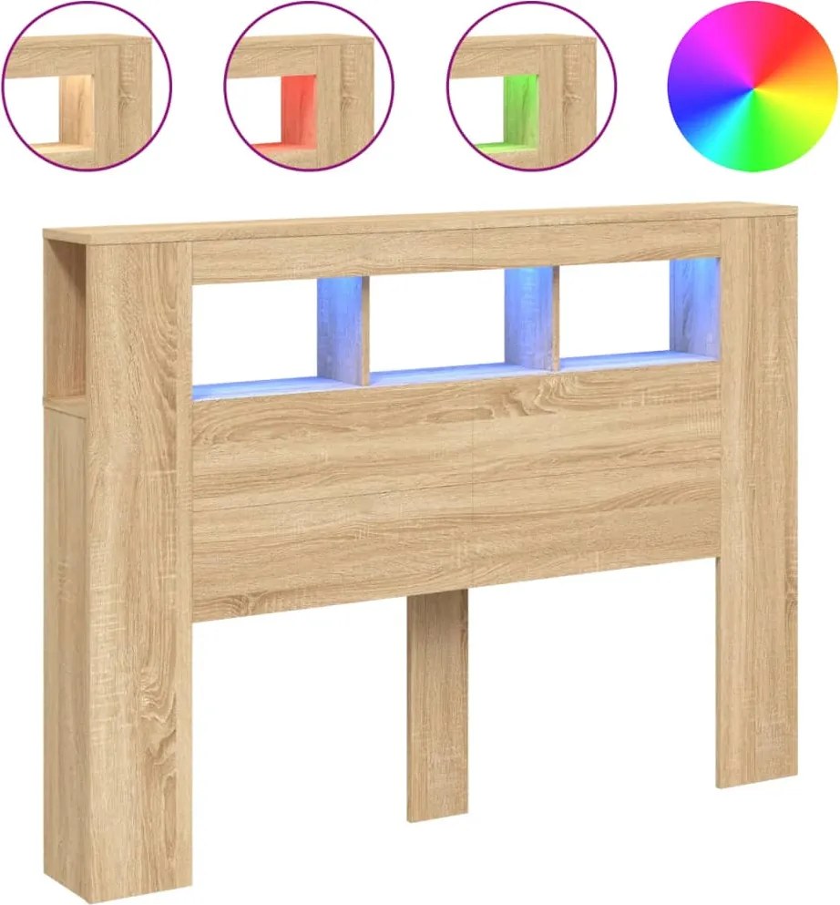 vidaXL Tăblie de pat cu LED, stejar sonoma, 140x18,5x103,5 cm, lemn