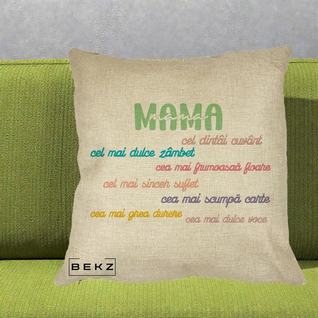 Perna personalizata mama: Mama, cel dintai cuvant, text colorat, 40x40 cm cu Umplutura, Crem, BEKZ