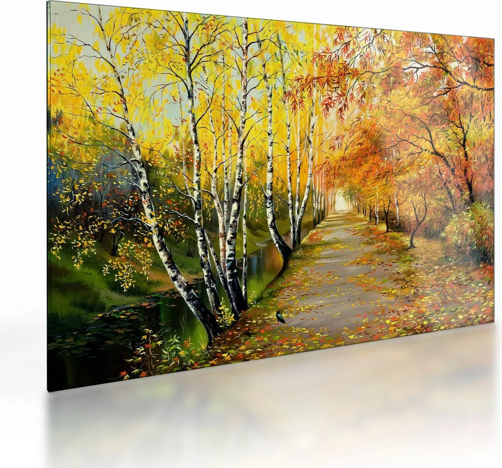 Tablou pe sticlă - Alee romantică de-a lungul apei, pictură în ulei (70x50 cm)