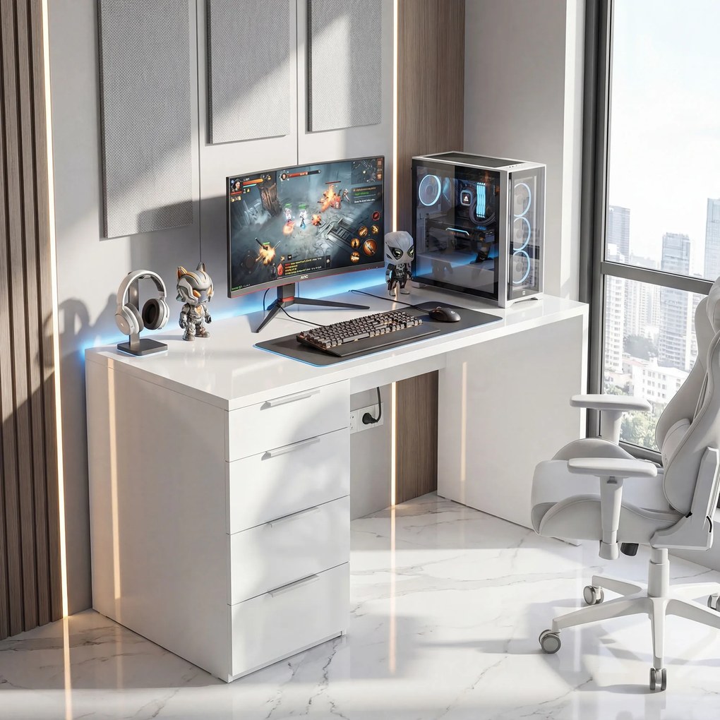 HOMCOM Birou Compact, 110x61.5x75 cm Birou Modern cu 4 Sertare, Masă pentru Computer, Cameră și Birou, Alb Lucios | Aosom Romania