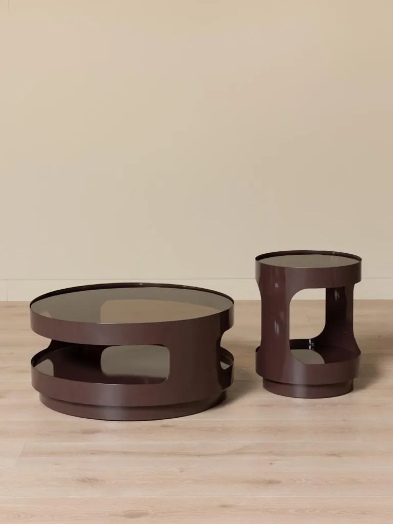Măsuță de cafea din sticlă și metal, rotundă, cu structură cilindrică și decupaje laterale, maro antichizat, finisaj mat, 70×32 cm, „Onyru"