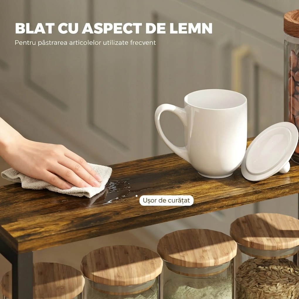 HOMCOM Cărucior de bucătărie cu 4 roți, cărucior de depozitare cu roți, blat cu aspect de lemn, structură metalică, 47x13x96,5 cm, negru | Aosom Romania