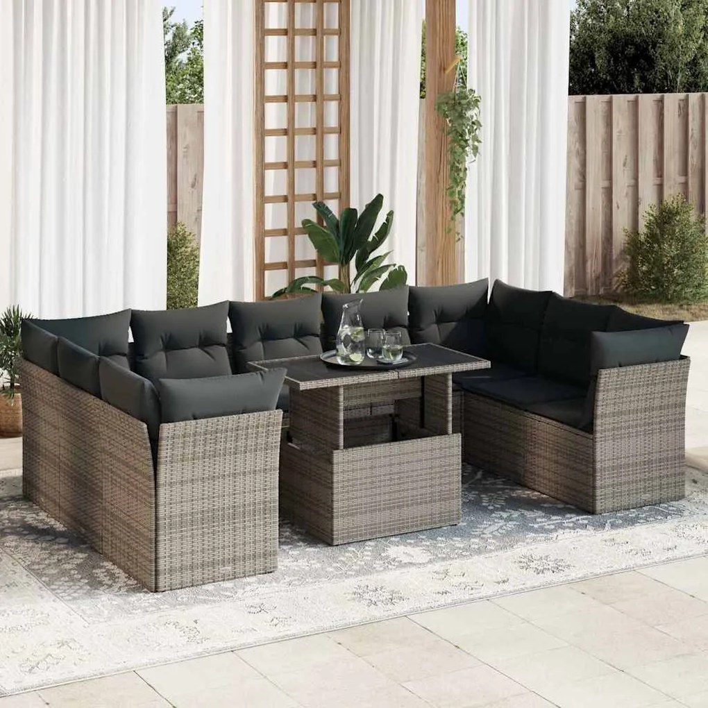 3326221 vidaXL Set mobilier de grădină cu perne, 10 piese, gri, poliratan