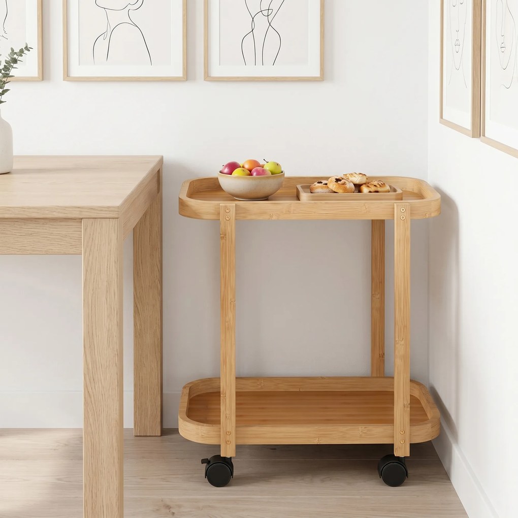 HOMCOM Cărucior de bucătărie din bambus 2 niveluri Cărucior auxiliar pentru bucătărie cu roți 2 rafturi 54x36,5x60 cm Natural | Aosom Romania