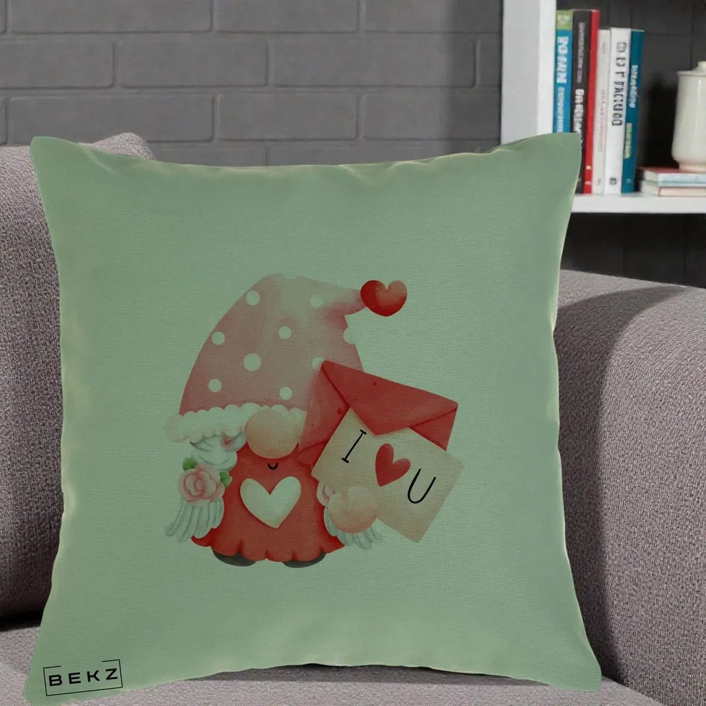 Cadou Romantic - Perna Personalizata I Love You Gnome Valentine cu Scrisoare, 40x40 cm, Verde, Husa Detasabila, Perna Inclusa, BEKZ®