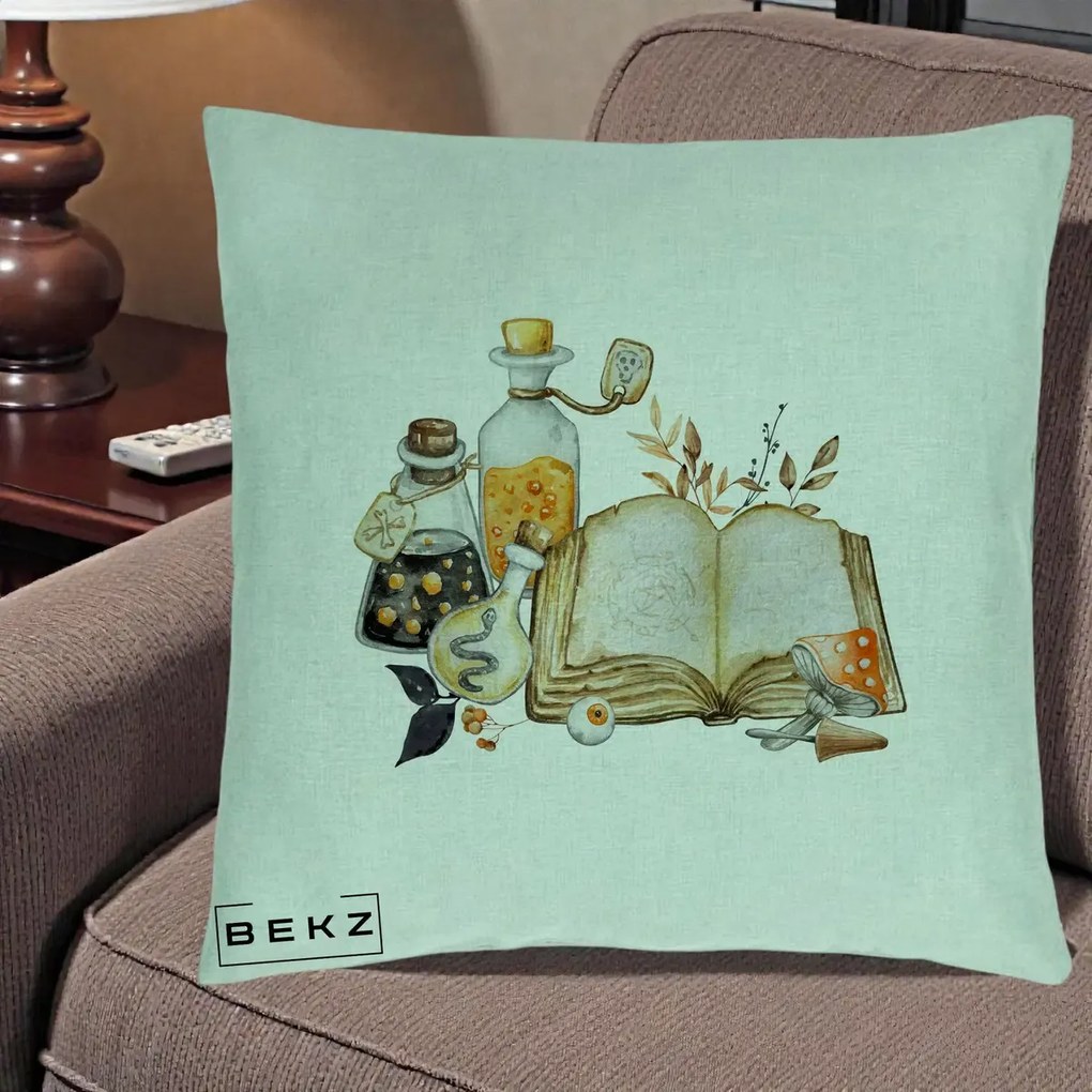 Perna Decorativa Grimoire Vrajitoare si Filtre Magice Halloween, 40x40 cm, Verde Menta, Husa Detasabila, Perna Inclusa, BEKZ®