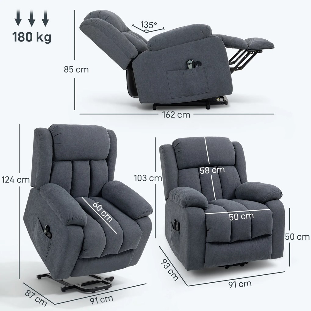 HOMCOM Fotoliu Electric cu Ridicare și Reclinare 135° în Material Textil Efect In cu Suport Picioare, Gri Închis | Aosom Romania