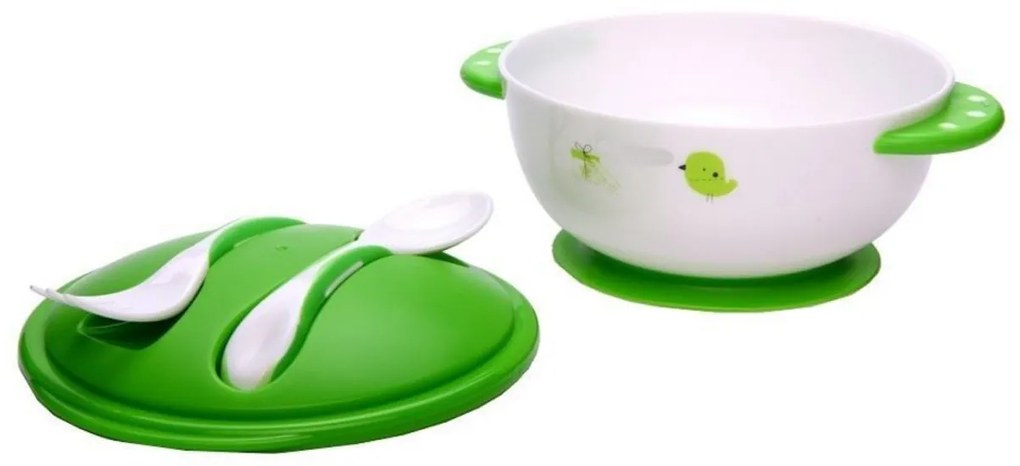 Set castronel copii cu lingurita si furculita NOVOKIDS™ Baby Bowl, cu ventuza, de la 6 luni, lingurita copii, furculita copii, manere lungi, Verde