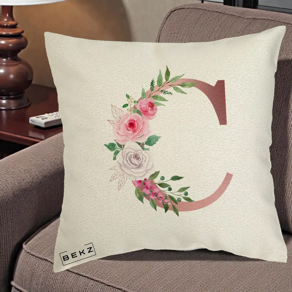 Cadou Personalizat - Perna Personalizata Monograma Rose Gold Litera C, 40x40 cm, Ecru, Husa Detasabila, Perna Inclusa, BEKZ®