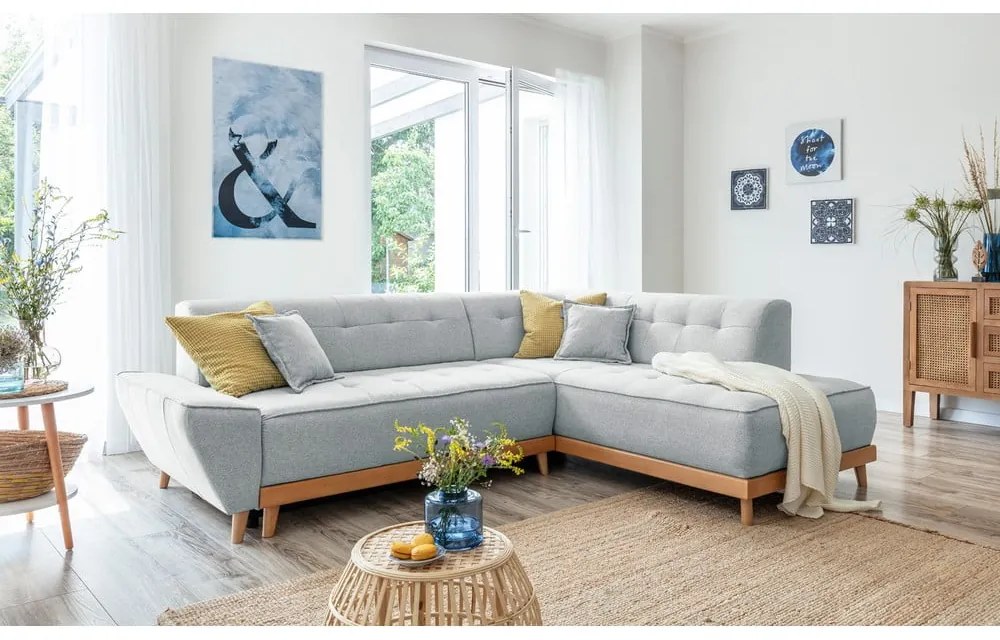 Colțar extensibil cu șezlong pe partea dreaptă Miuform Dazzling Daisy L, gri deschis