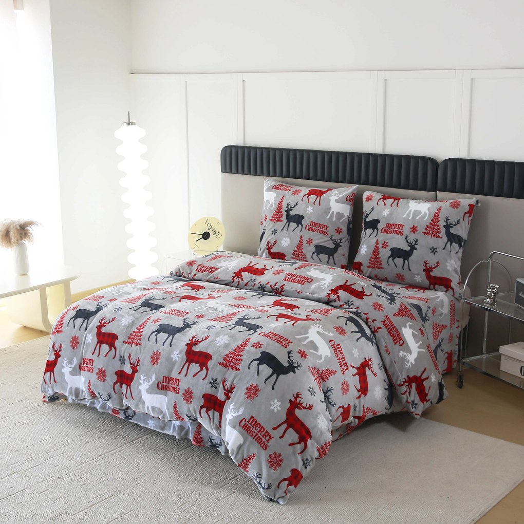 Set Lenjerie cocolino MERRY CHRISTMAS DEER gri + Cearsaf Cocolino microplus cu elastic SOFT 180x200 cm alb, pat dublu