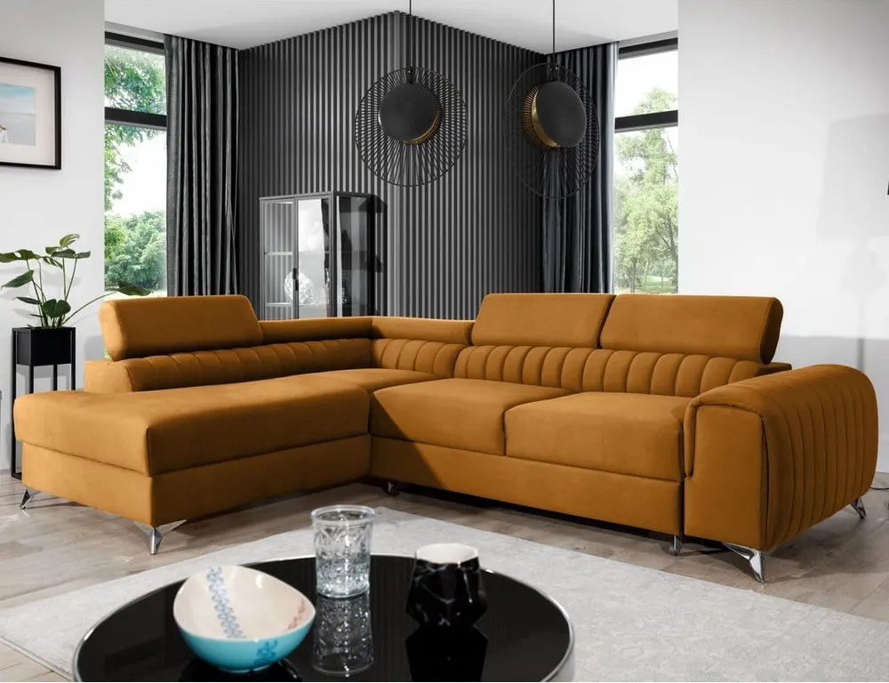 Colțar galben extensibil/cu spațiu de depozitare cu tapițerie din catifea (cu colț pe partea stângă/în formă de ”L”) Laurence – ELTAP