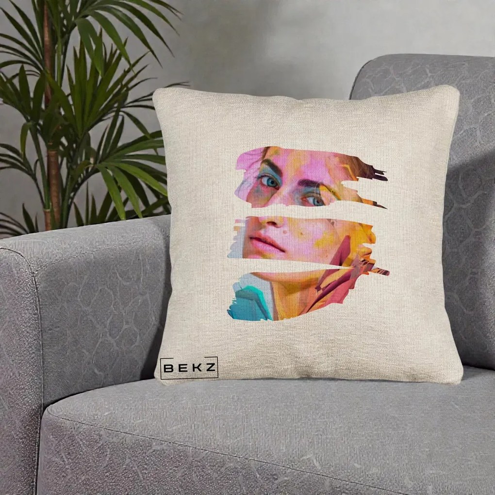 Perna Decorativa Portret Femeie Fragmentat Colorat, 40x40 cm, Bej Canapea, Husa Detasabila, Perna Inclusa, BEKZ®