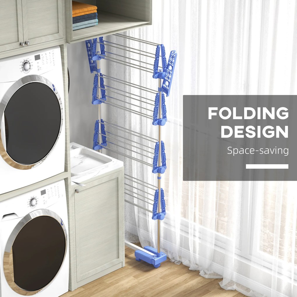 HOMCOM Suport Vertical de Uscare, Suport Pliabil de Uscare cu 6 Roți și 4 Rafturi Reglabile, 142x55x172 cm, Alb și Argintiu | Aosom Romania