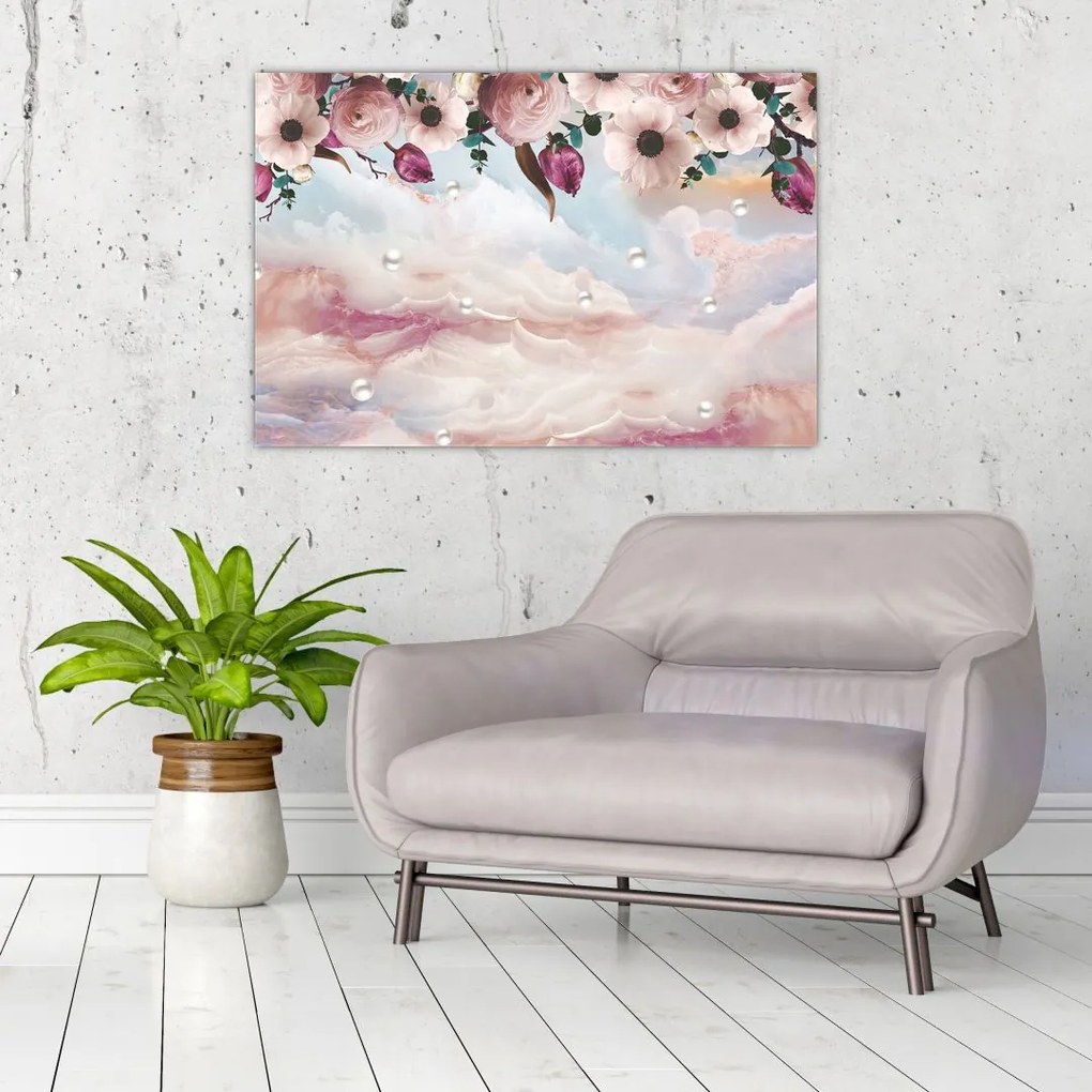 Tablou - Flori roz și marmură roz (90x60 cm)