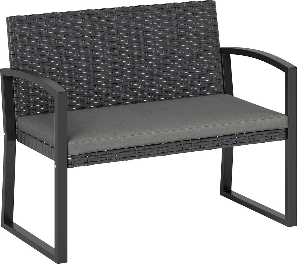 Outsunny Banc de grădină 2 locuri, banc de exterior din resină împletită PE cu pernă, oțel galvanizat, 103x58x78cm, gri și negru | Aosom Romania