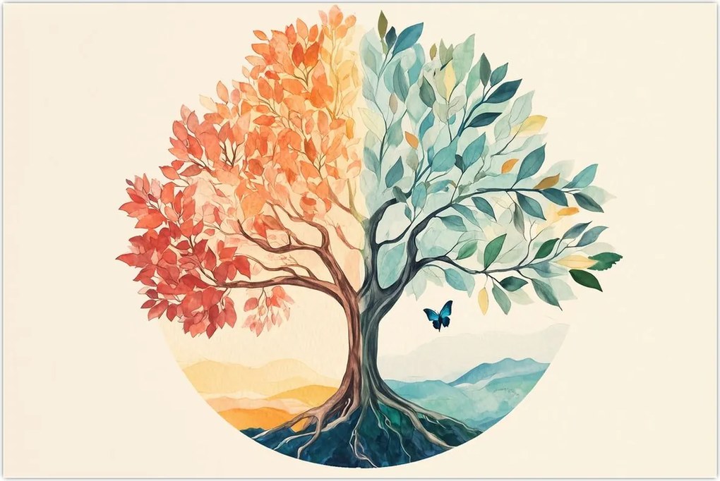 Tablou – Arbore dual cu fluture (90x60 cm)