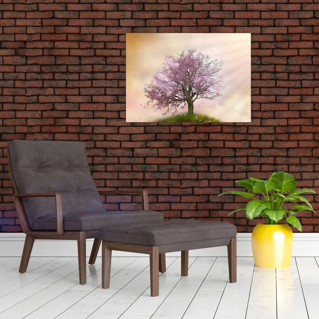 Tablou pe sticlă - Copacul înflorit în deal (70x50 cm)