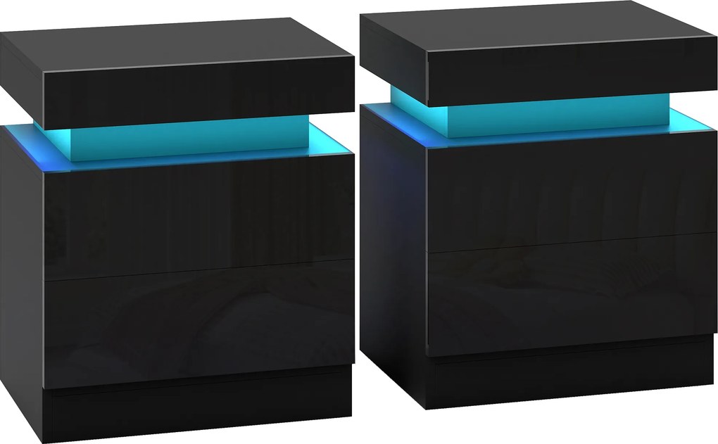 HOMCOM Set 2 Noptiere cu LED și 4 Moduri, 2 Sertare, Lemn, 45x35x52 cm, Negru Lucios | Aosom Romania