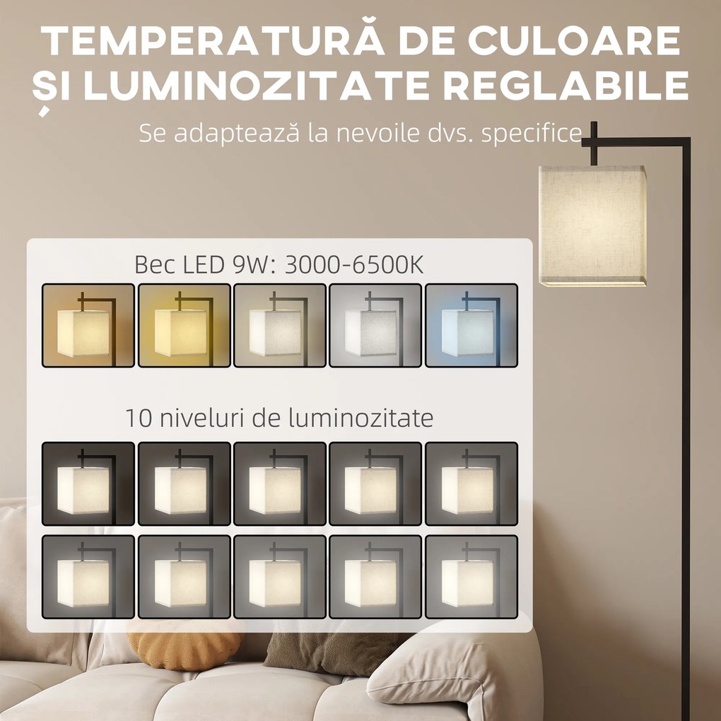 HOMCOM Lampă de podea 10 niveluri luminozitate și temperatură reglabilă cu telecomandă, negru | Aosom Romania