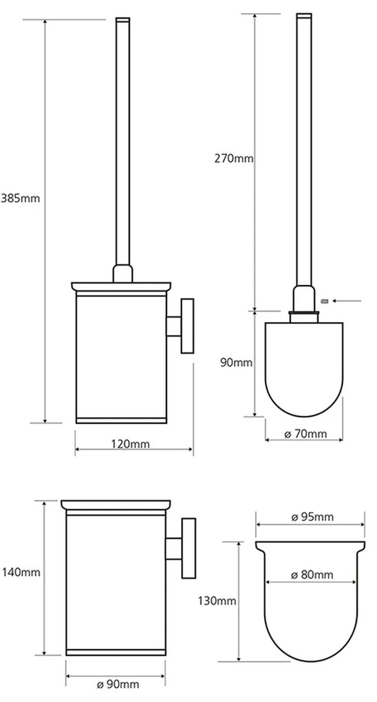 Perie WC SAPHO XR305 X-Round cilindrică mică, perie neagră, alamă