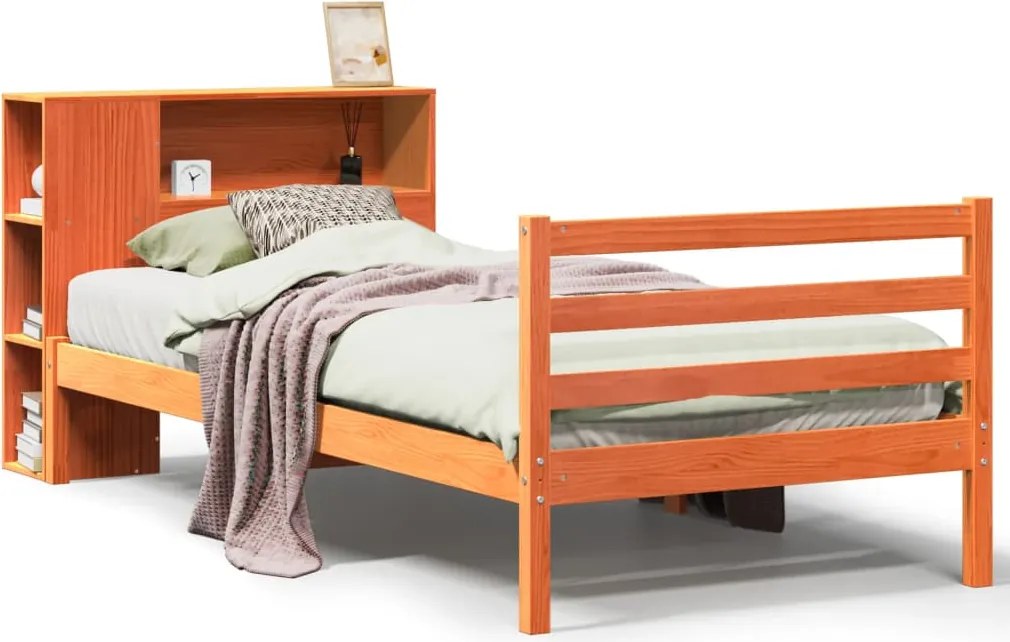 vidaXL Pat cu bibliotecă fără saltea, maro, 100x200 cm, lemn masiv