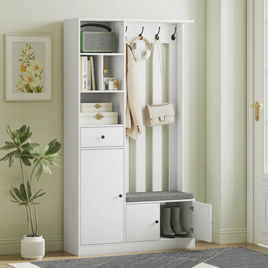 HOMCOM Cuier 180 cm cu Bancă pentru Pantofi, Soluție 4-în-1 cu Raft Reglabil, 4 Agățători și Compartimente Deschise, pentru Hol sau Living, Alb | Aosom Romania