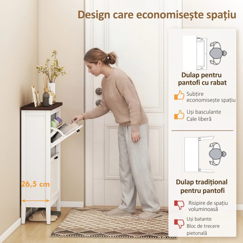HOMCOM Dulap pentru Pantofi, 2 Sertare Rabatabile, Rafturi Reglabile, Alb | Aosom Romania