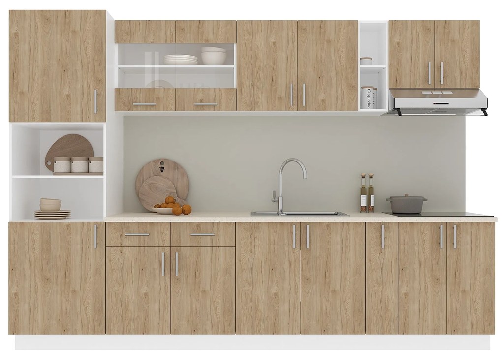 Set Bucatarie Karo V26, Lemn Natural/Alb, Blat Thermo 28 mm, L 300 cm