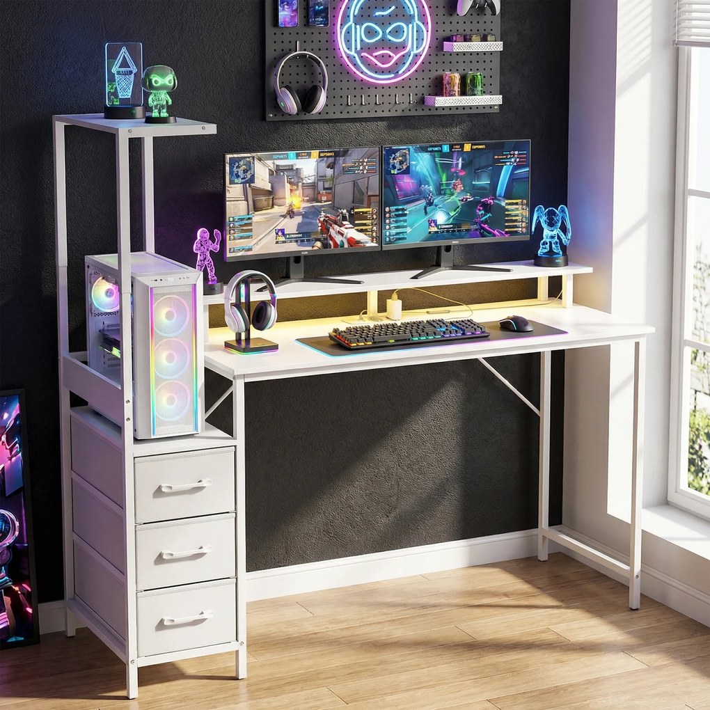 HOMCOM Birou Gaming cu Suport CPU Reglabil Reversibil și LED, 147x47 cm, Stație de Încărcare, Suport Monitor, 3 Sertare din Material Textil, pentru Acasă, Birou sau Studio, Alb | Aosom Romania