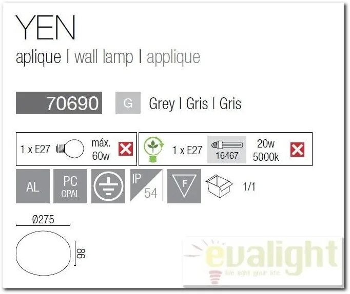 Aplica de perete exterior IP54 Yen 70690