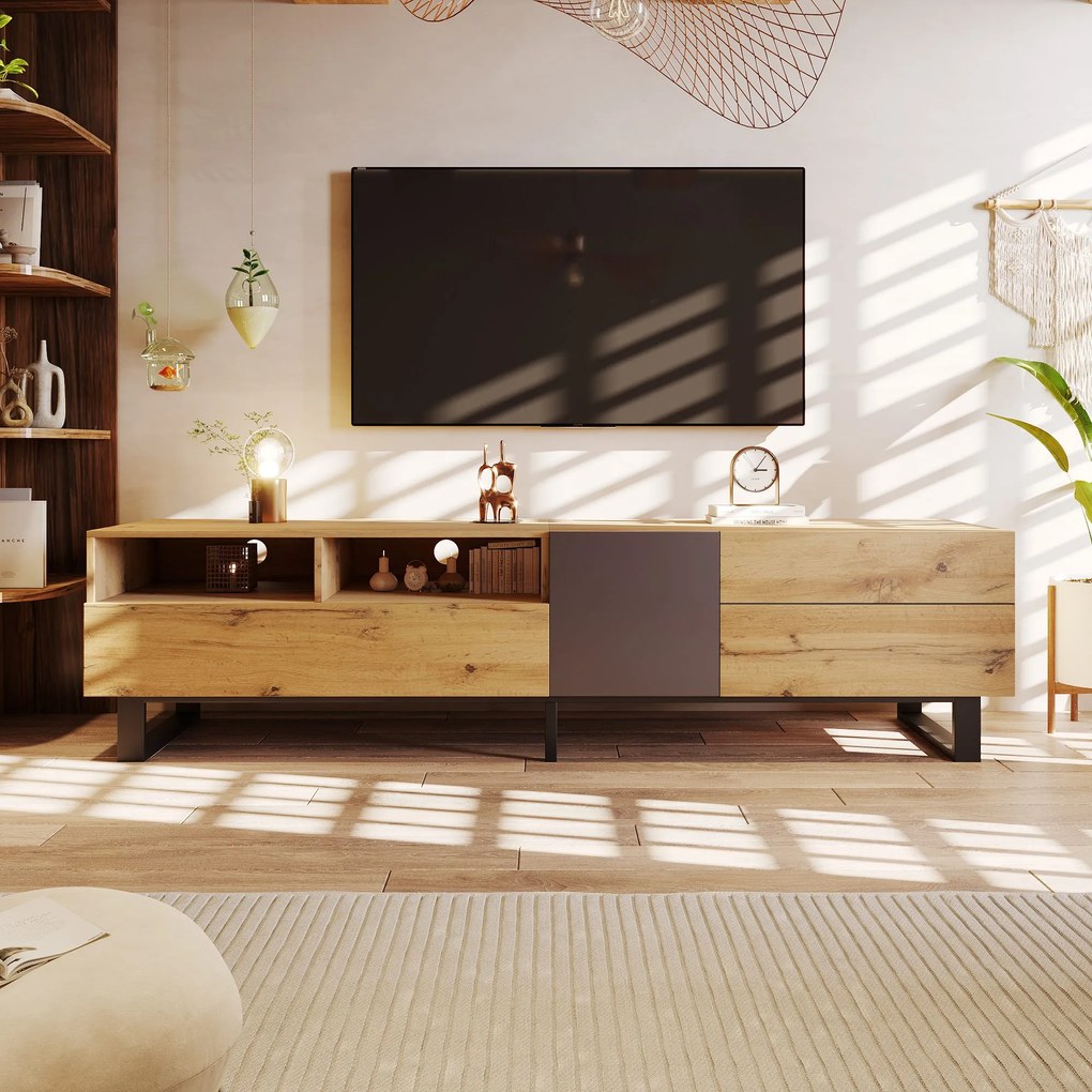 Mobilă TV modernă cu design în blocuri de culoare, Culoare naturală+Negru | Aosom Romania