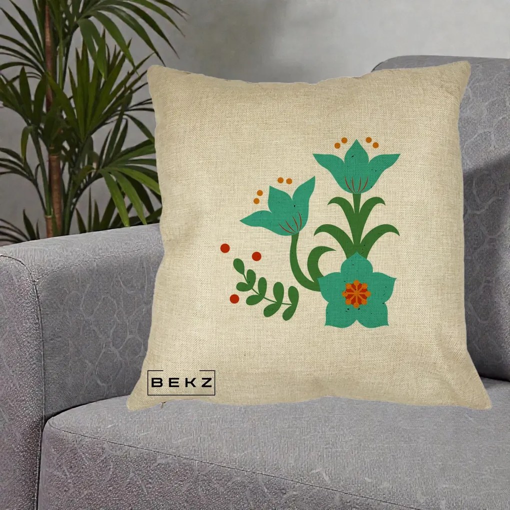 Perna Decorativa Flori Stilizate Folk Turcoaz, 40x40 cm, Crem, Husa Detasabila, Perna Inclusa, BEKZ®