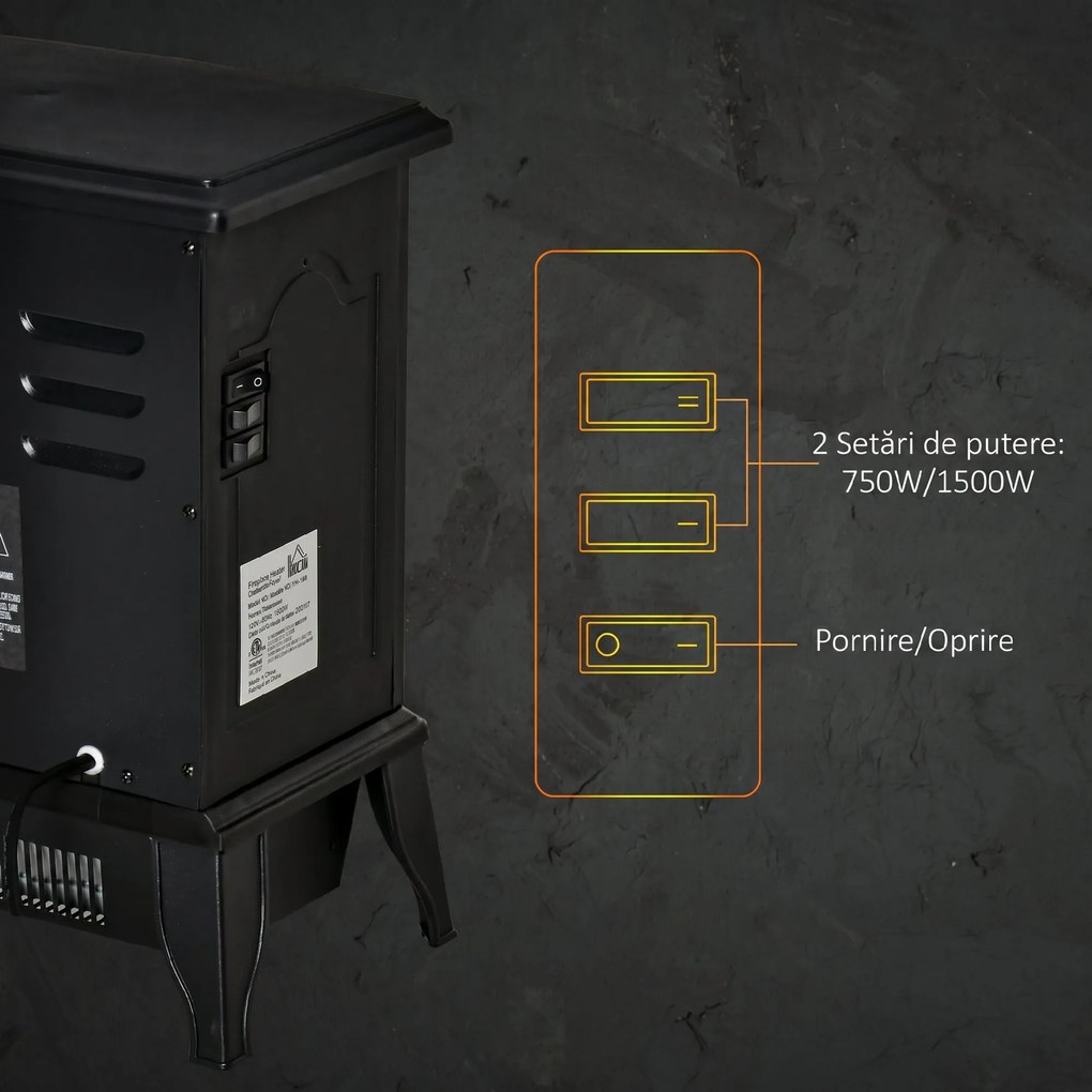 HOMCOM Șemineu Electric Portabil 1000W/2000W din ABS și Sticlă Negru | Aosom Romania