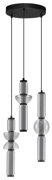 Lustra moderna cu 3 pendule LED, Metal, Negru, Sticla, Fumurie, Ulon