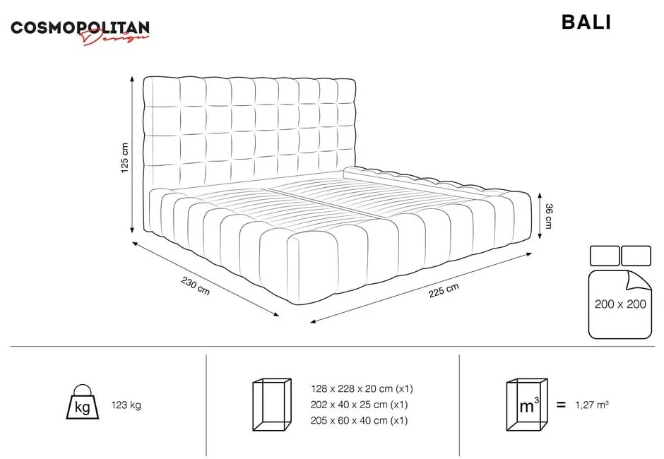 Pat matrimonial gri deschis tapițat cu spațiu de depozitare și somieră 200x200 cm Bali – Cosmopolitan Design