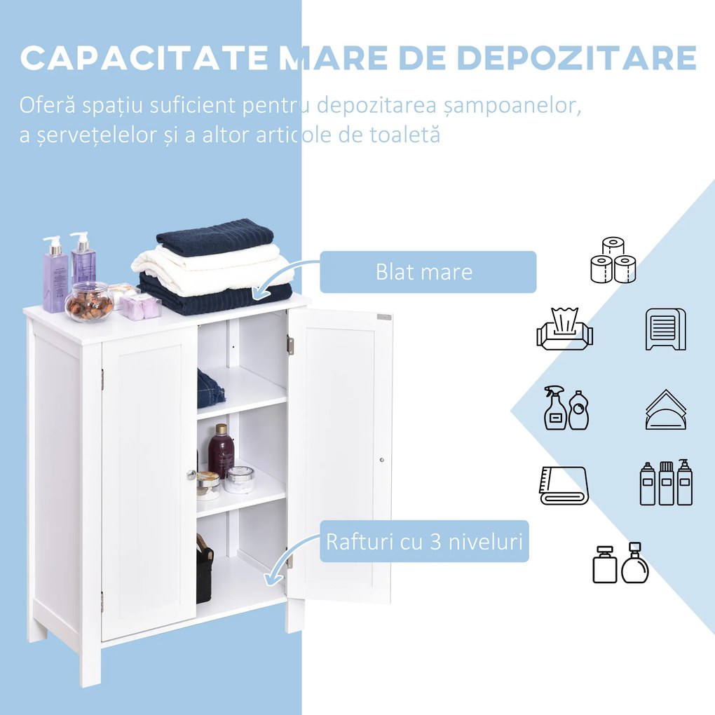 kleankin Dulap Baie cu 2 Uși și Rafturi Reglabile, Spațiu Depozitare, MDF, 60x30x80 cm, Alb | Aosom Romania