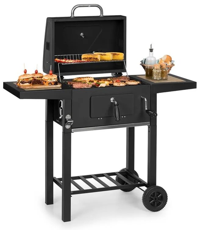 Meat Machine, grătar pe cărbune, 45 x 32,5 cm, termometru, roți, negru