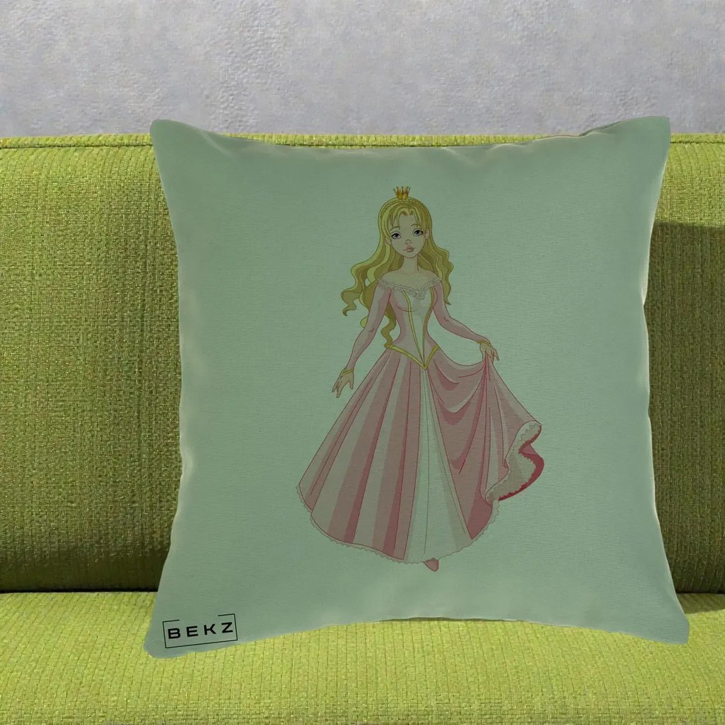 Perna Decorativa Printesa Aurora Rochie Roz, 40x40 cm, Verde, Husa Detasabila, Perna Inclusa, BEKZ®