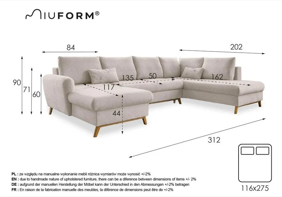 Canapea extensibilă în formă de "U" cu șezlong pe partea dreaptă Miuform Scandic Lagom, bej