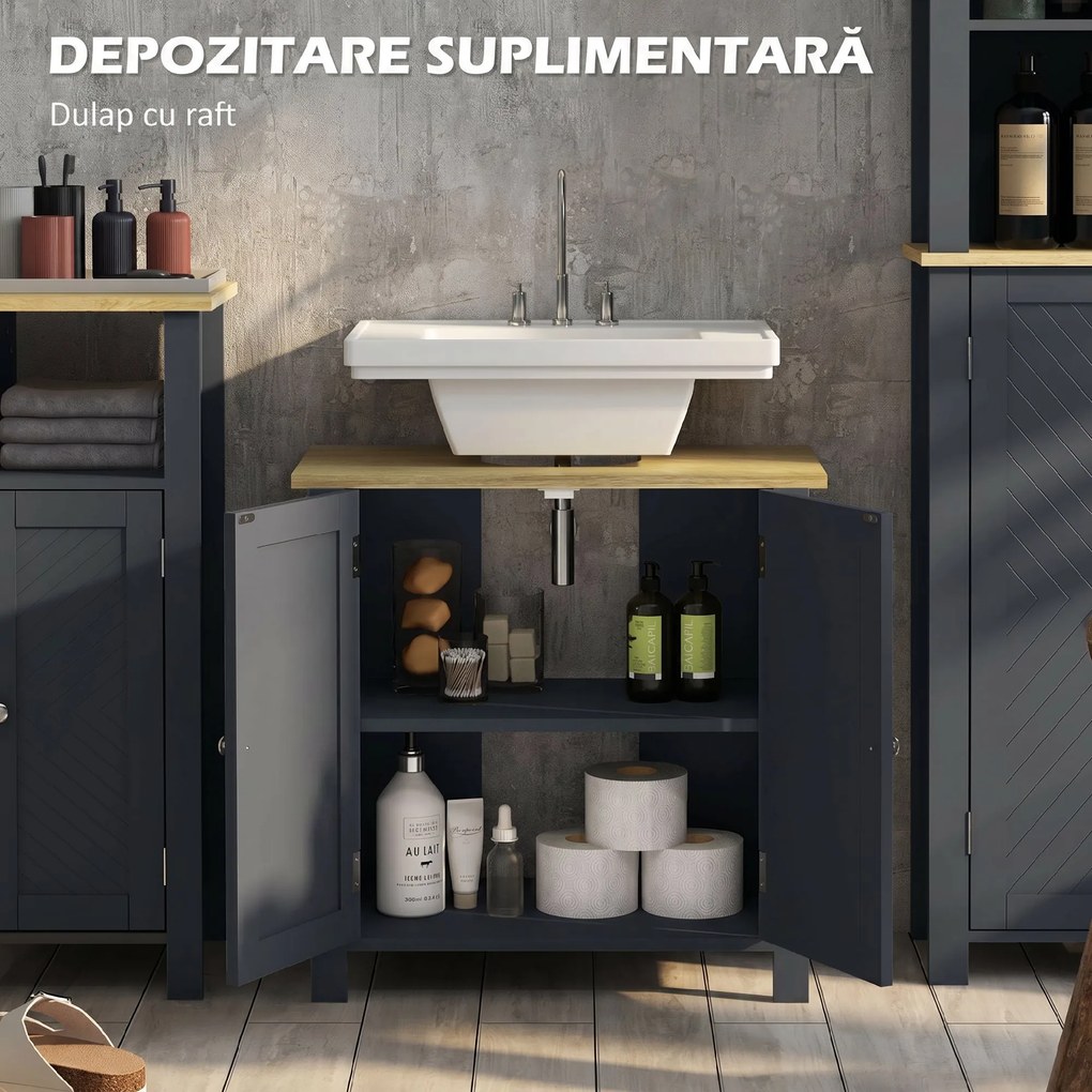 Kleankin Dulap Depozitare Chiuvetă Picior Uși Duble Raft 60x30x60cm Gri | Aosom Romania