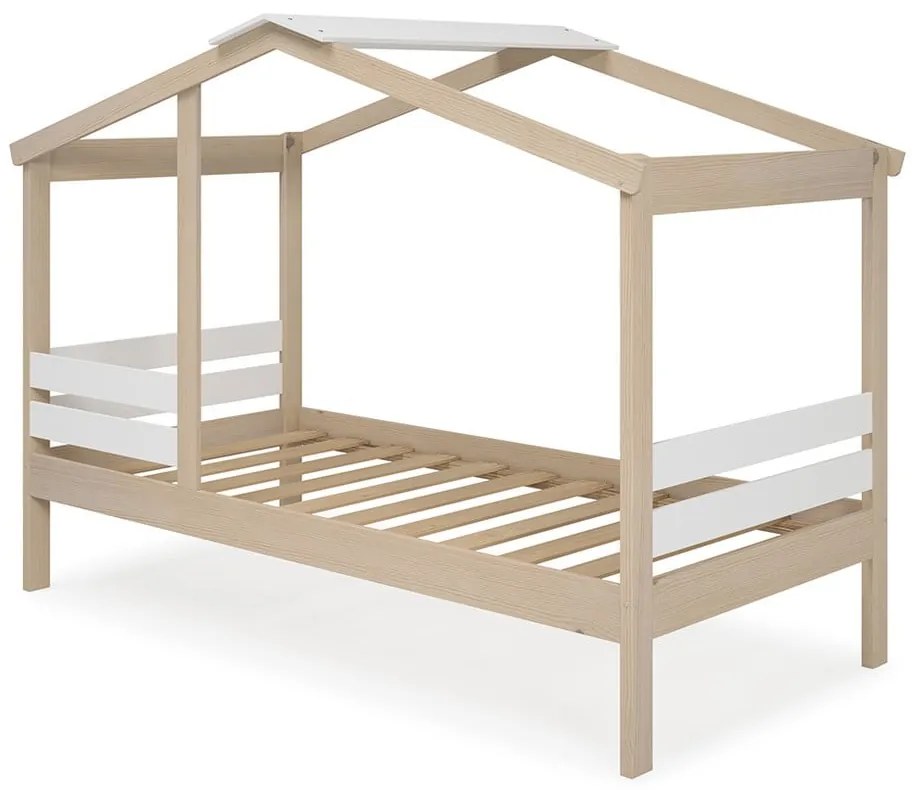 Pat pentru copii alb/natural de tip casă cu aspect de lemn de pin 90x190 cm Angel – Marckeric