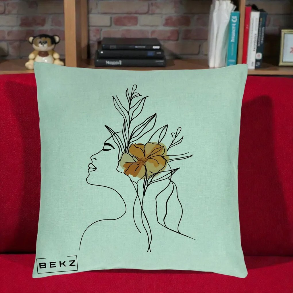 Perna Decorativa Portret Feminin Floare Portocalie Lateral, 40x40 cm, Verde Menta, Husa Detasabila, Perna Inclusa, BEKZ®
